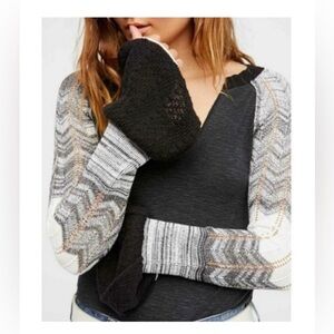 NWT Free People Black Grey Heathered Sunshine Thermal Bell Sleeve Top